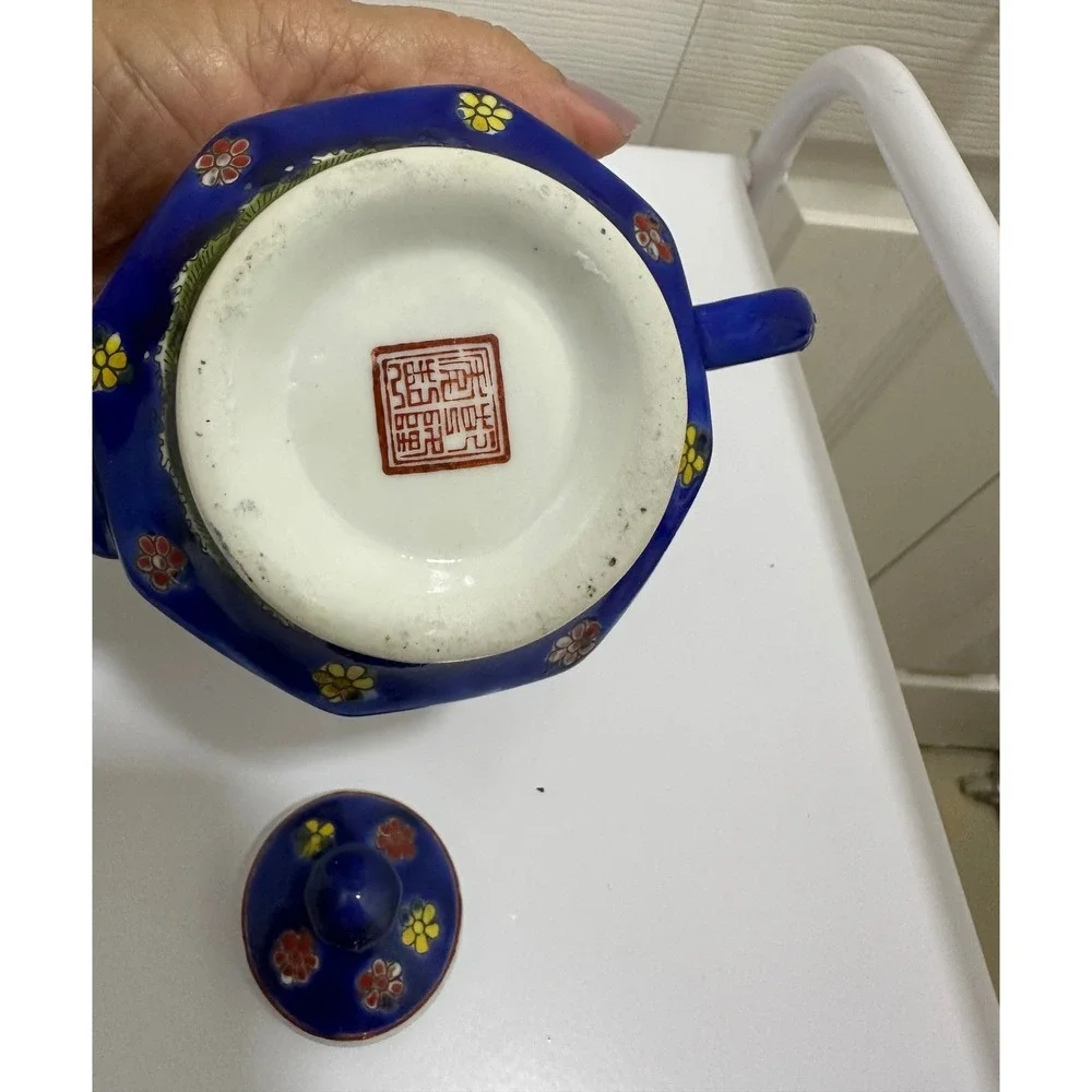 Vintage Chinese Hand Painted Porcelain Hexagonal Teapot Blue White Lanterns Good